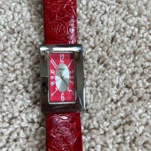 Chico’s ladies red leather watch - floral embossed design